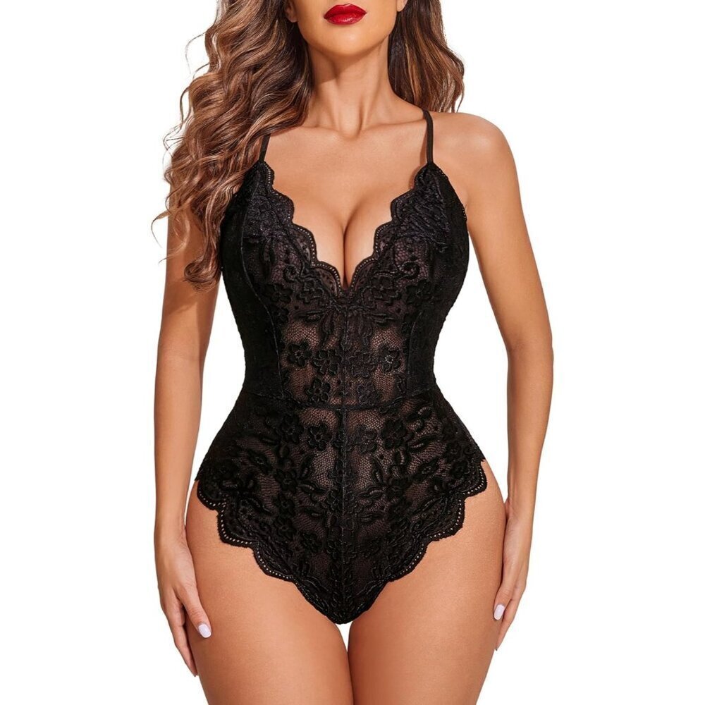 Women's Black Double Layers Snap Crotch Lace Bodysuit Teddy Deep V Sexy Babydoll